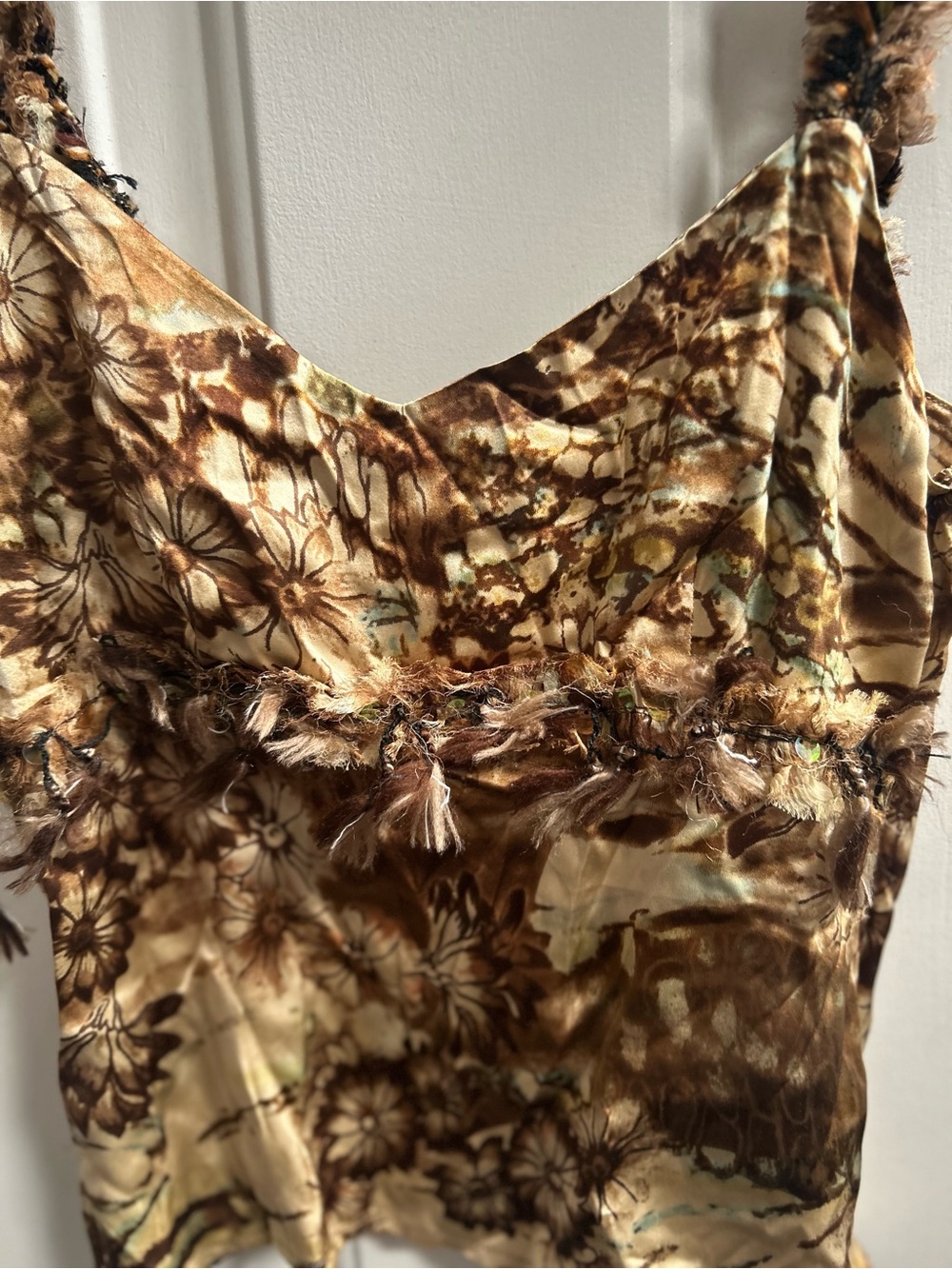 Y2K Alberto Makali Brown and Cream floral w/ feathers & Sequins tank Sz S - Picture 6 of 15